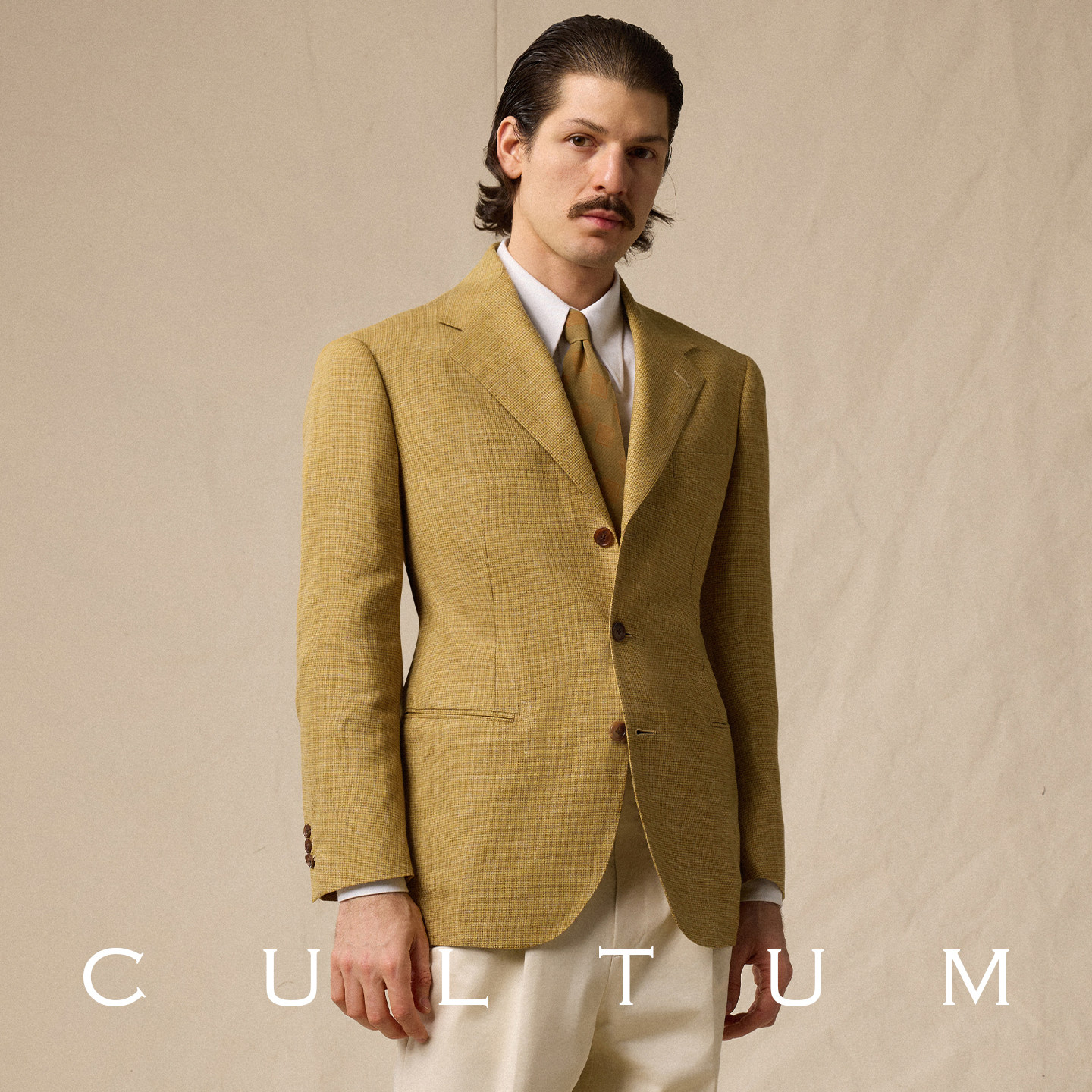 CULTUM春夏1930s黄色针脚格纹棉亚麻男士商务休闲西装西服外套