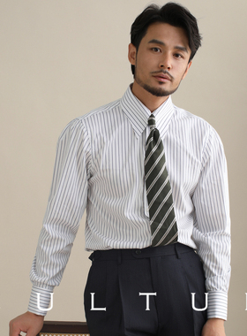 CULTUM 100%新疆长绒棉意式长尖领蓝条纹衬衫男长袖休闲免烫衬衣