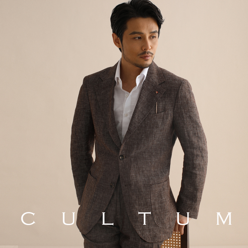 CULTUM男士春季全亚麻棕色单排西装单西服外套装上衣休闲透气薄款