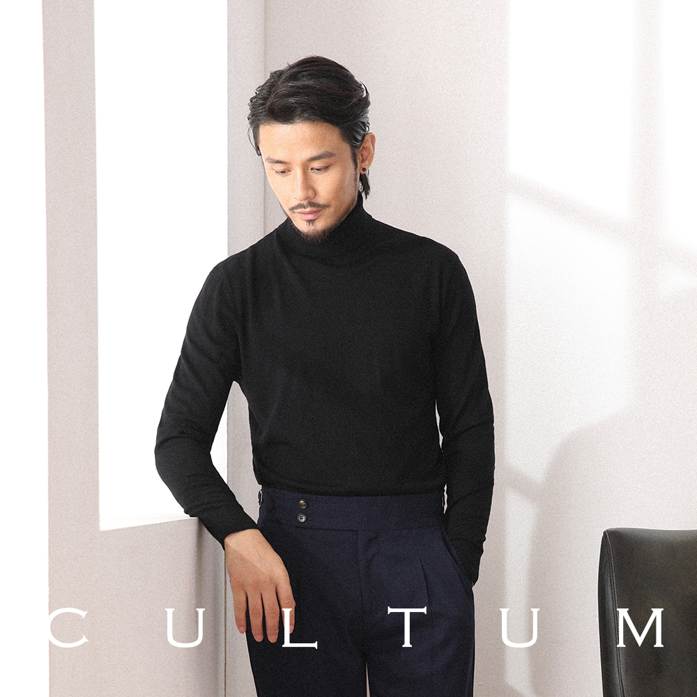 CULTUM 100%丝光羊毛抗起球 春秋高领毛衣男修身百搭长袖打底衫薄