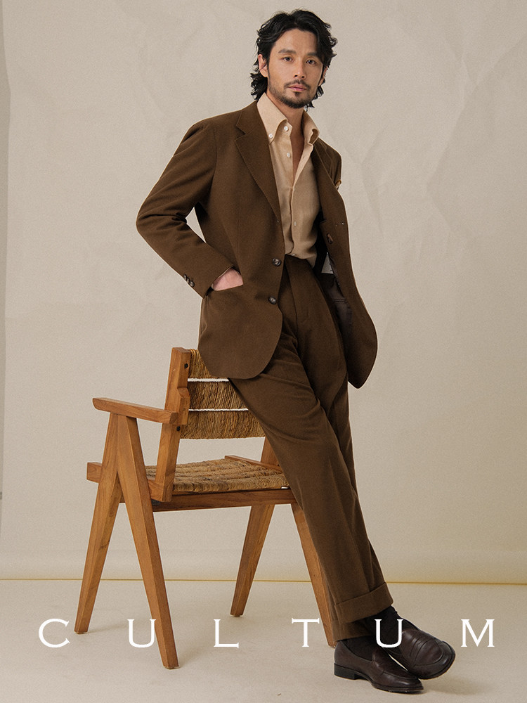 CULTUM THICKENED 456G HEAVY FLANNEL CASUAL SUIT SET MENS PREMIUM SOLID COLOR RETRO FORMAL SUIT