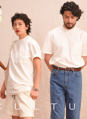 CULTUM左胸趣味贴袋T恤亲肤透气男女同款复古运动休闲风短袖