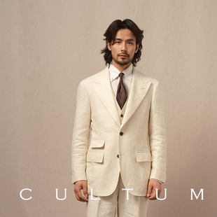 三件套 商务休闲西装 CULTUM100%法国亚麻戗驳领单排扣西服套装 男士