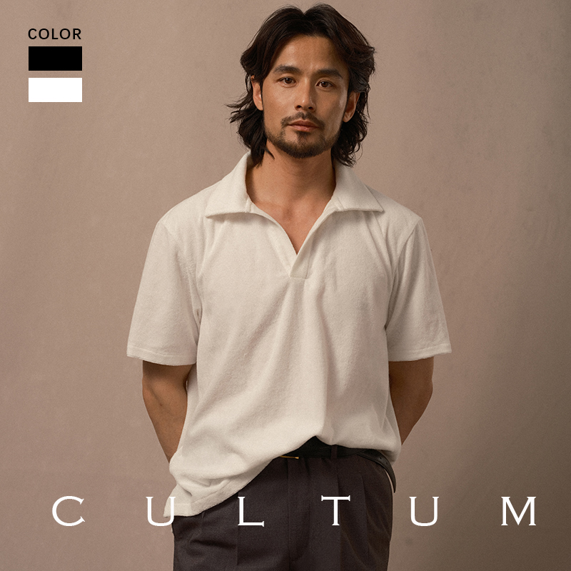 CULTUM80%棉轻薄透气立体毛圈针织v领polo衫男士短袖纯色翻领上衣