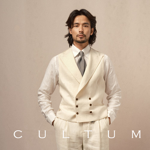 CULTUM100%法国重磅亚麻戗驳领双排扣西装马甲男绅士休闲马夹西服