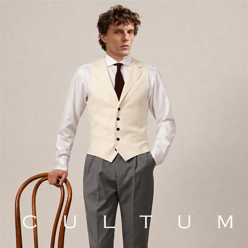 CULTUM ONE DAY古董白精纺羊毛单排西装领免烫西装马甲男正装马夹