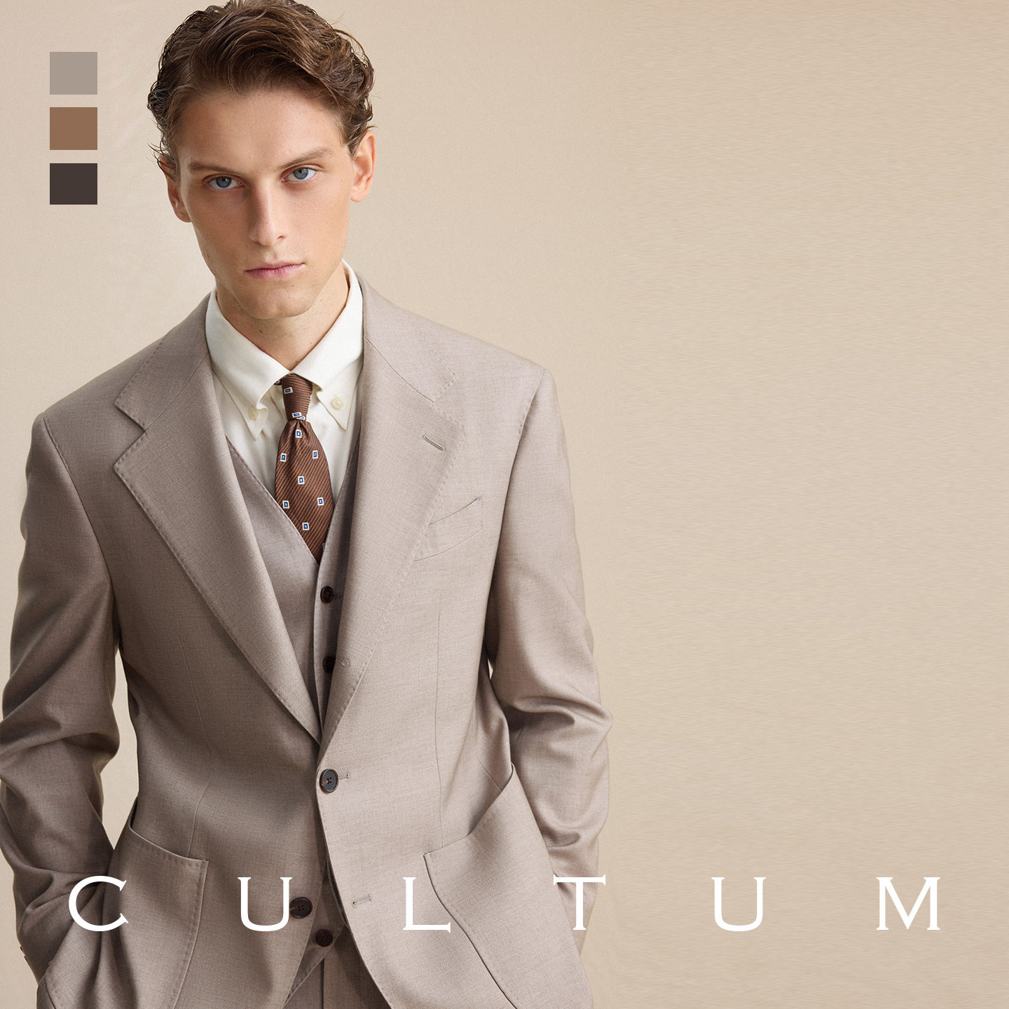 CULTUM意式那不勒斯西服套装男秋季商务休闲单排扣西装正装三件套