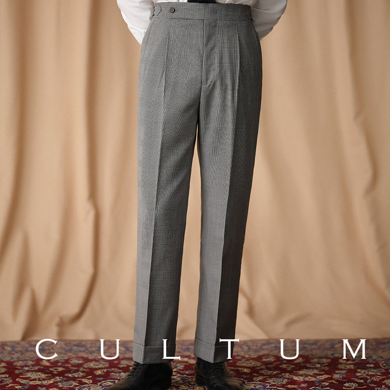 CULTUM 50%羊毛英式亲王格单褶西裤男修身商务正装高级感西装裤子