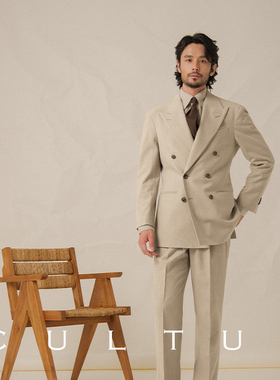 CULTUM秋冬加厚重磅445g重双排扣西服套装男休闲法兰绒戗驳领西装
