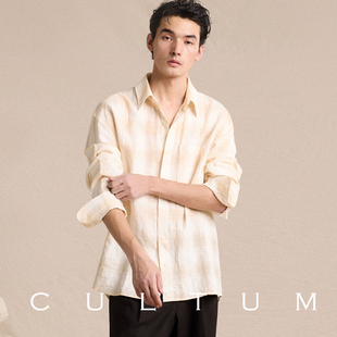 男纽扣领格纹泡泡纱宽松长袖 CULTUM老钱风衬衫 衬衣 透气亚麻棉