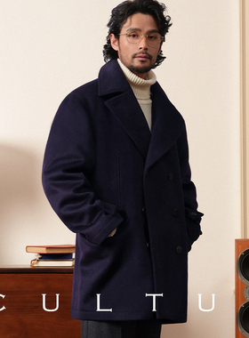 CULTUM重磅880g重100%羊毛复古海军大衣男双排扣冬季加厚呢子外套