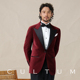 正装 CULTUM缎面戗驳领对扣酒红色丝绒塔士多结婚礼服西服套装 男士