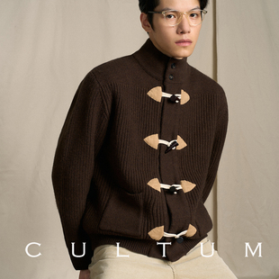 男外套 CULTUM复古IVY风半高领牛角扣针织开衫 100%美丽诺羊毛