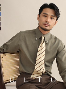 CULTUM意式免烫弹力纽扣领绿色长袖衬衫男士复古绅士休闲商务衬衣