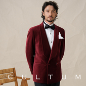结婚西装 CULTUM青果领双排扣酒红色丝绒塔士多礼服西服套装 男正装