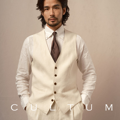 CULTUM100%法国亚麻透气耐穿单排扣无领西装马甲男士商务修身马夹