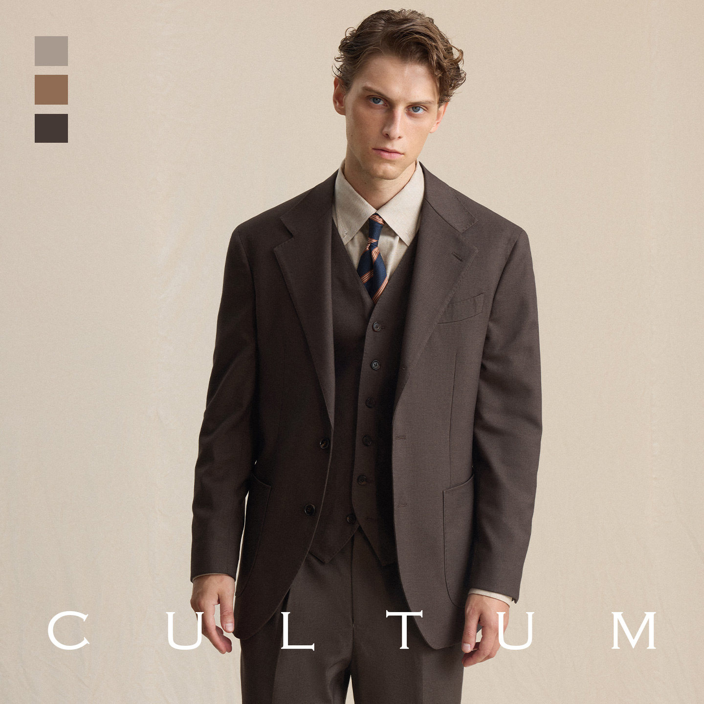 CULTUM意式那不勒斯西服套装男士商务正装休闲新郎结婚西装三件套