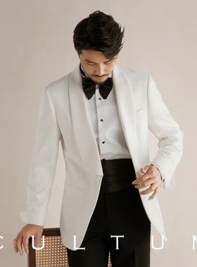CULTUM商务绅士修身一粒扣青果领白色西服男结婚婚礼新郎礼服单西