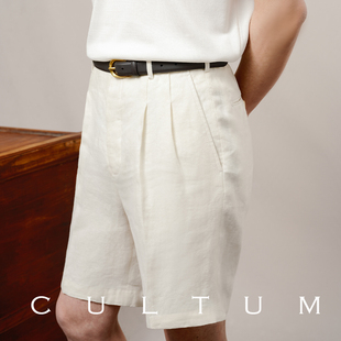 米白色双褶百慕大短裤 CULTUM 法国诺曼底重磅亚麻好莱坞式 连腰裤