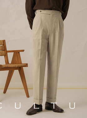 CULTUM加厚445g重法兰绒单褶那不勒斯西裤男职业正装休闲西装裤子