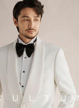 白色青果领高档男士一粒扣西服套装新郎结婚晚宴礼服两件套西装潮