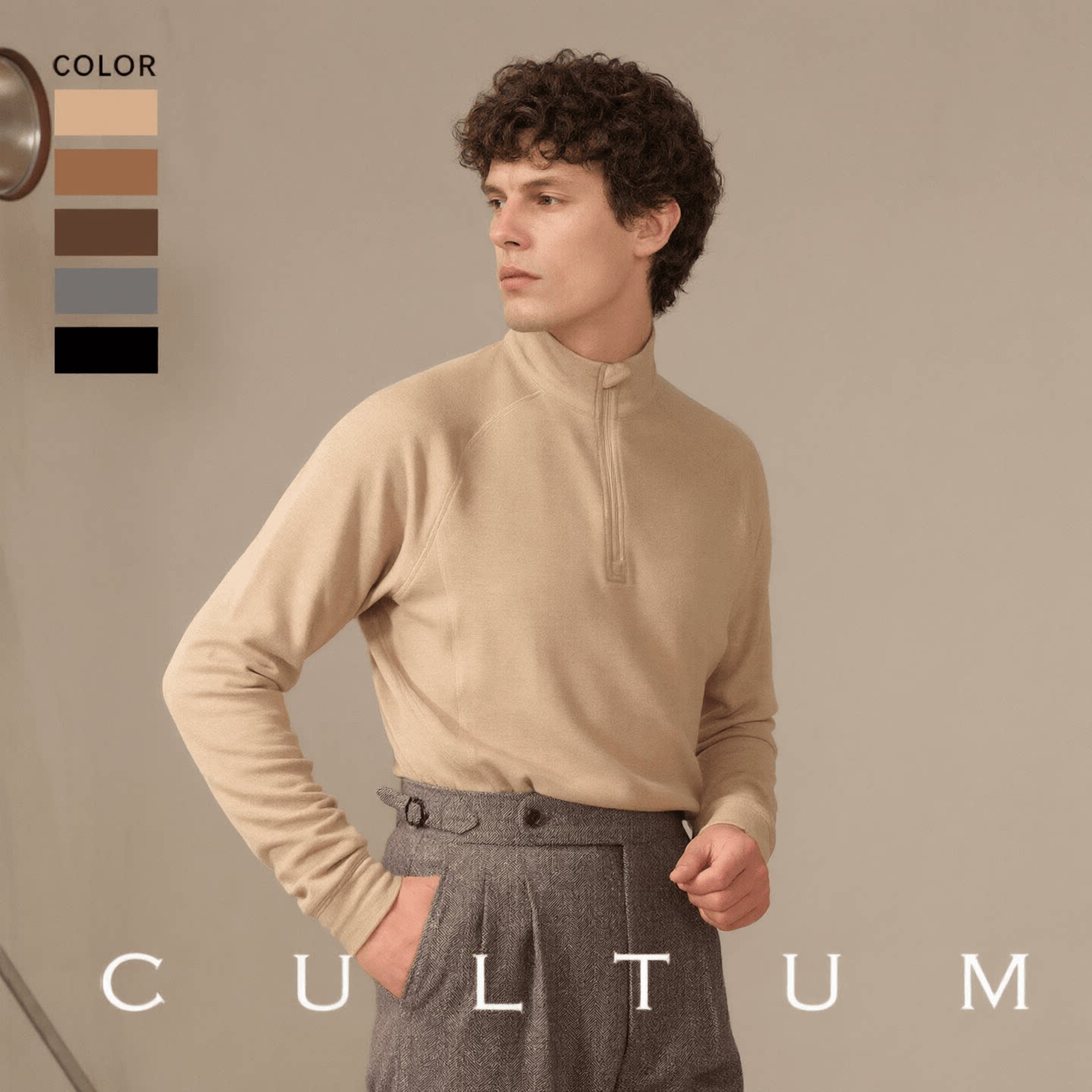 CULTUM百搭立领半拉链保暖T恤男长袖秋冬内搭双面加绒打底衫卫衣