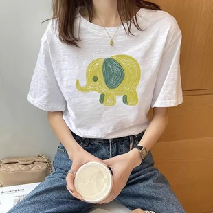 白色宽松正肩竹节棉T恤女短袖 小个子印花体恤上衣潮 2025夏季 新款