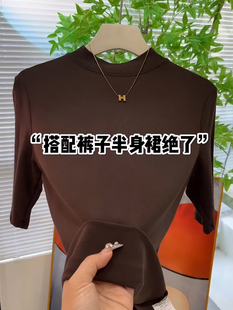 显瘦短袖 莫代尔咖色螺纹中袖 小立领洋气修身 t恤女夏季 上衣 新款