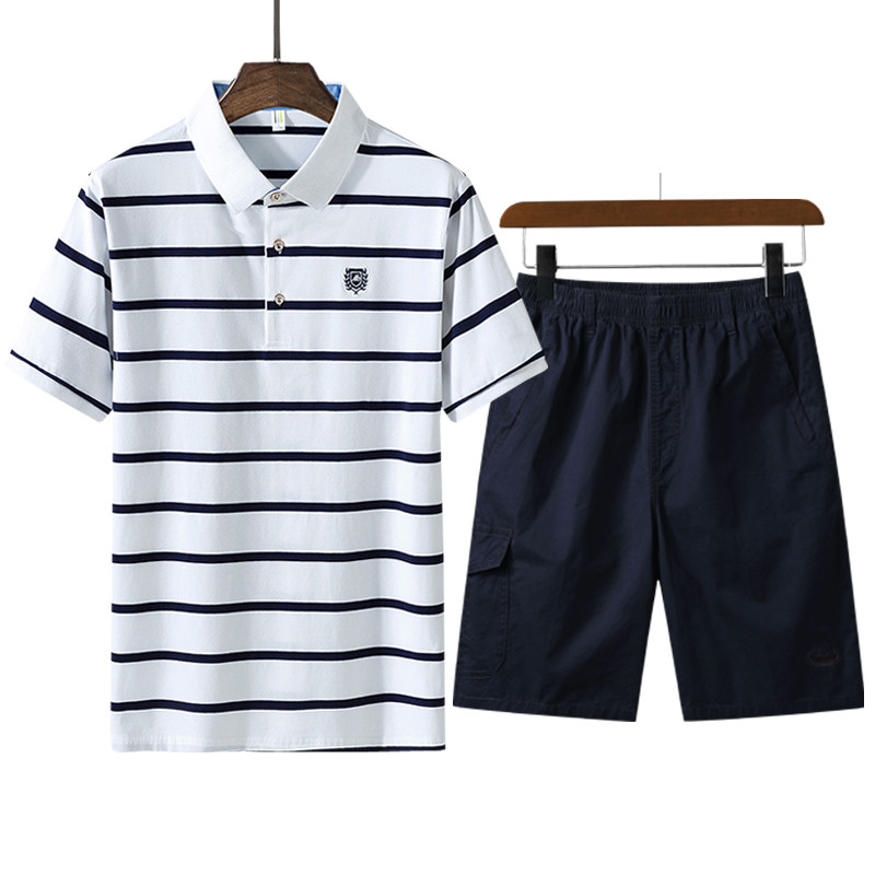 短袖t恤男中年纯棉爸爸夏装套装时尚翻领休闲中老年人爷爷polo衫