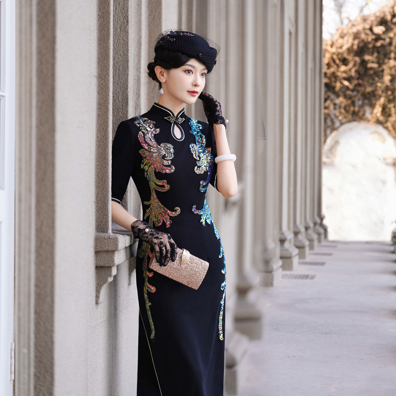 宴会走秀旗袍加长款弹力修身旗袍连衣裙复古改良修身礼服年轻款