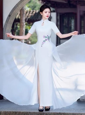 紫色走秀旗袍2025新款高端大气形体礼仪模特长款舞台t台演出服女