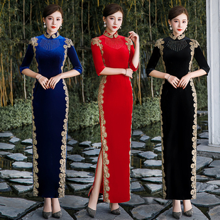 新款走秀显瘦七分袖旗袍演出服加长款改良礼仪丝绒红色连衣裙春秋