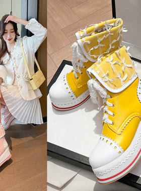 秋冬系带洛丽塔增高厚底短靴子黄色女靴粉色马丁靴紫色短筒靴绿色