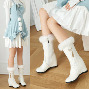 兔毛带毛毛加绒加厚雪地靴内增高短靴子侧拉链女靴中筒靴保暖棉靴