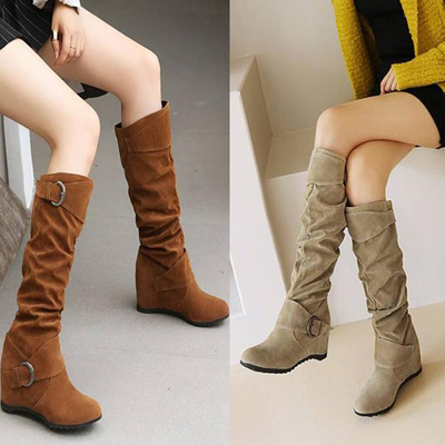 秋冬韩版内增高磨砂高筒靴长靴子女靴加绒棉靴瘦瘦靴长筒靴骑士靴
