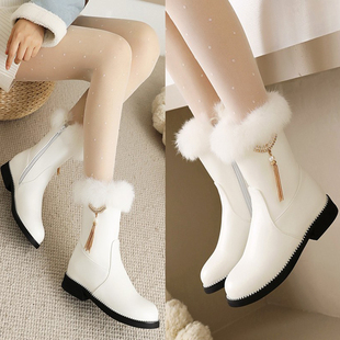 冬季平底兔毛带毛毛加绒加厚雪地靴侧拉链短靴子女靴大棉靴短筒靴