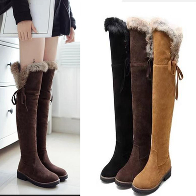 冬平底兔毛加绒加厚雪地靴过膝长靴子女长筒靴高筒靴棉靴40 41 42