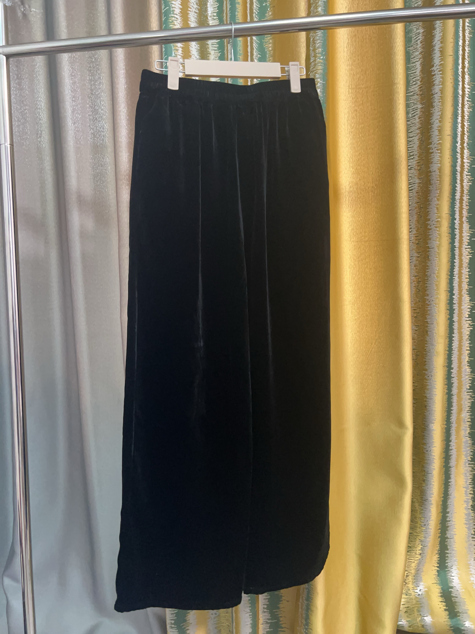 黑色丝绒直筒裤桑蚕丝女时尚松紧腰垂感真丝显瘦长裤