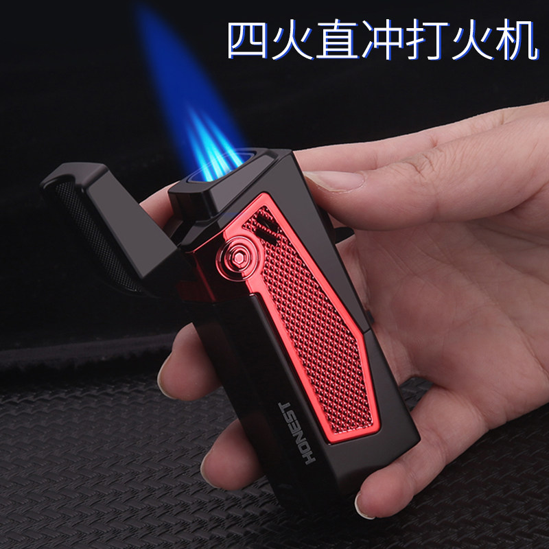 百诚新款多功能充气电子金属防风蓝焰四直冲打火机雪茄刀透明气箱