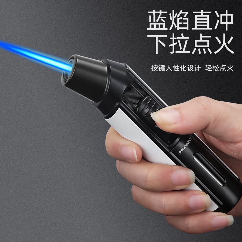 百诚大容量多功能弯头防风直冲蓝焰金属打火机点雪茄艾灸点香喷枪