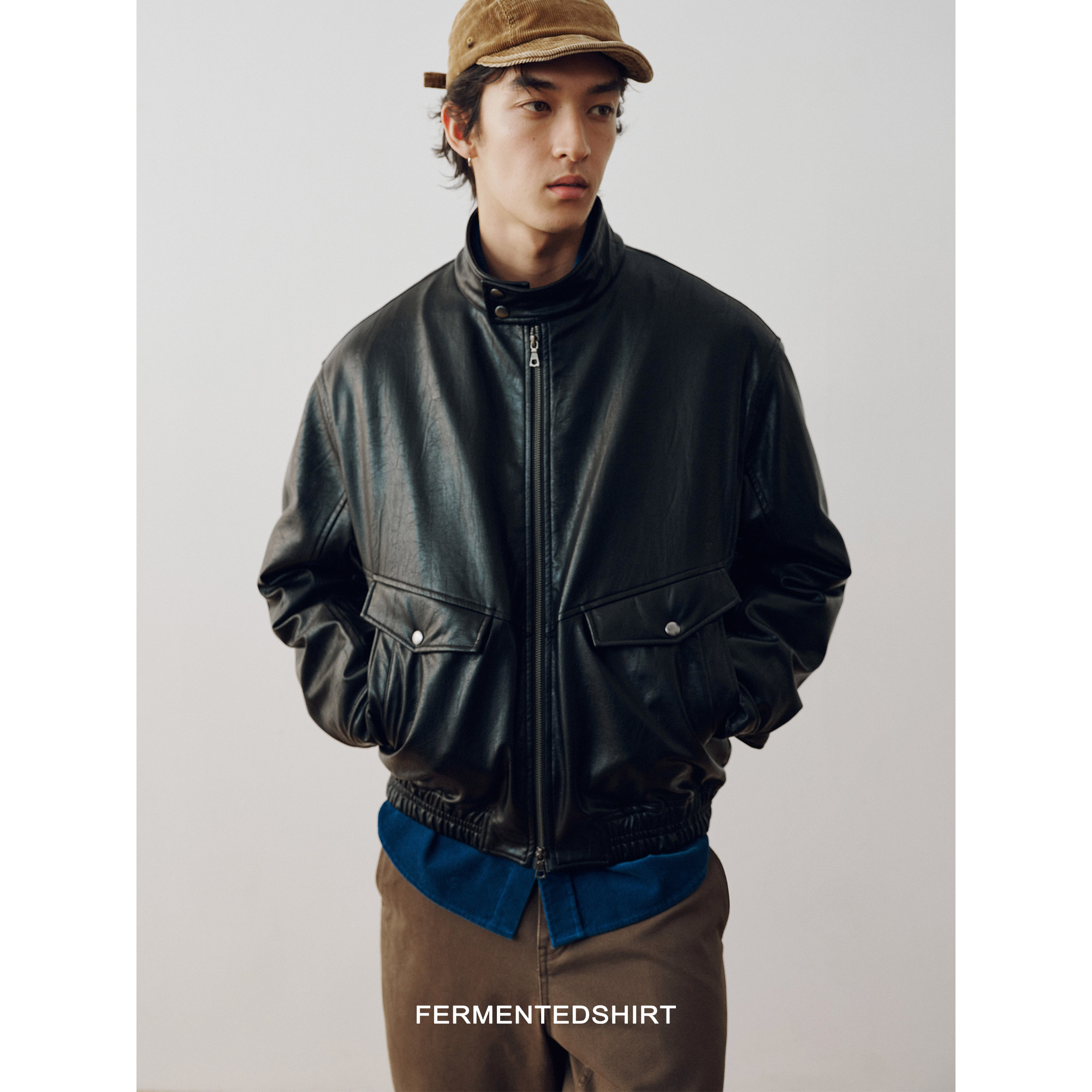 FERMENTEDSHIRT冬复古黑色PU皮哈灵顿棉服皮衣夹克