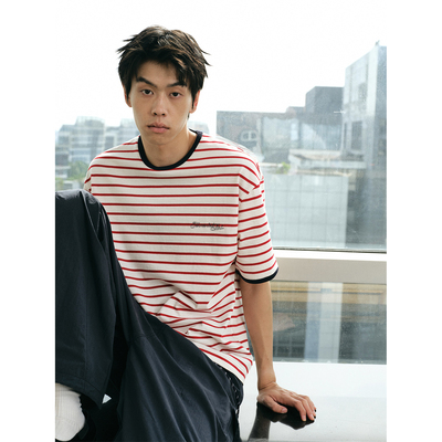 夏全棉红条纹刺绣短袖T恤