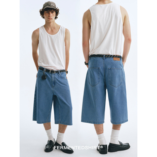 FERMENTEDSHIRT26夏浅蓝水洗宽松休闲直筒牛仔五分短裤