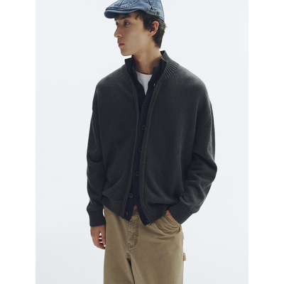 双门襟假两件设计立领开衫毛衣