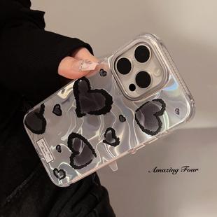 高级感黑色爱心豹纹手机壳适用16苹果15promax欧美iphone13防摔12