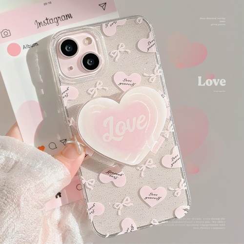 闪粉ins粉爱心支架苹果17手机壳16透明iphone14pro max适用11软12