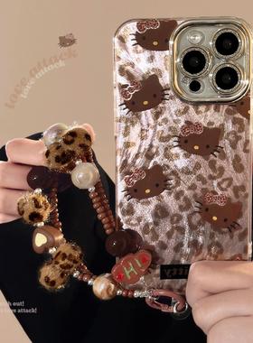 ins甜酷粉豹纹猫咪适用苹果16手机壳iphone15pro max链条14羽纱17
