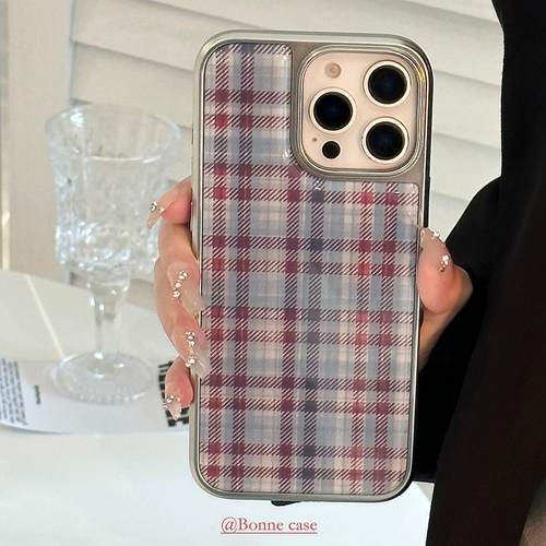 滴胶甜酷适用iphone16pro韩系红蓝格纹max苹果15手机壳13电镀17硬