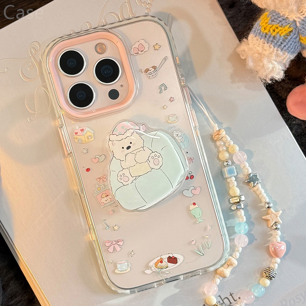 ins风韩系粉蓝卡通睡帽小狗支架适用苹果17promax手机壳iphone16pro新款15女款14少女心甜妹13透明全包挂链软