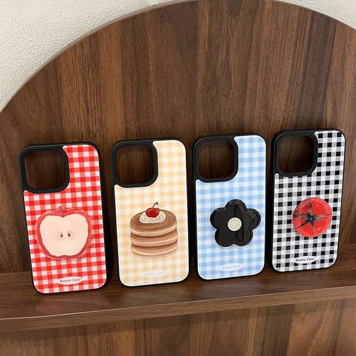 ins格纹水果支架适用16苹果17pro max手机壳iphone14滴胶复古13潮